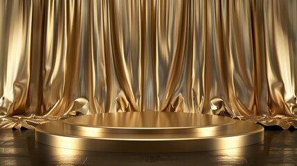 Podium Gold Fabric: An abstract exhibition of premium golden stage silk cloth in three dimensions. Elegant black presentation stand with a gold fabric, a beauty studio pedestal, and a scene light desi