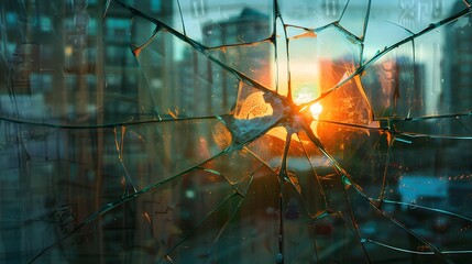 Cracked Glass Reflection: A broken window reflecting the distorted image of a cityscape, with the cracks adding an abstract element.
