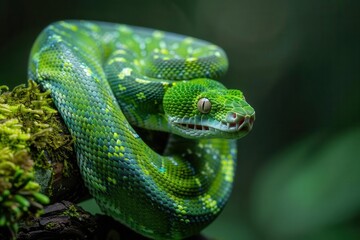 Wall Mural - macro photograph of an emerald tree boa coiled around a mosscovered branch vibrant scales shimmer in dappled rainforest light shallow depth of field emphasizes reptilian eyes