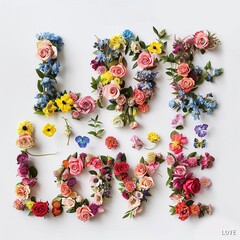 Wall Mural - The word of LOVE made by flowers, on a white background, in a flat lay photography style