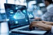 © SKIMP Art - A person using a laptop with cloud storage icons and multiple file wraps around the screen, showing various data in clouds being accessible to a tablet or computer for many businesses Generative AI
