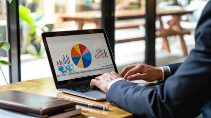 Leinwandbilder - A businessman analyzing a pie chart on a laptop screen in a modern office setting.