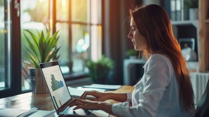 Aufkleber - A businesswoman analyzing sales data graphs on a laptop in a modern office.