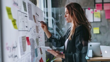 Poster - A businesswoman presenting a flowchart on a whiteboard during a team meeting.