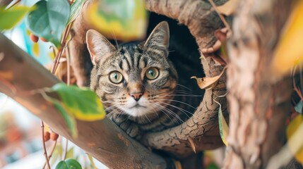 Poster - A cat exploring a treehouse cat house with branches and leaves for a natural feel.