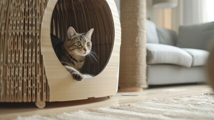 Aufkleber - A cat exploring a stylish cardboard cat house, designed for eco-friendly living.