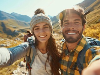 Wall Mural - A couple posing for a selfie against a mountainous backdrop