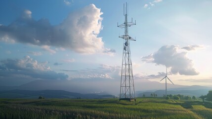Fototapete - A cellphone tower standing next to a wind turbine in a countryside setting.