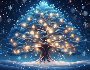 Wall Mural - Enchanted winter tree with glowing lights amid snowflakes