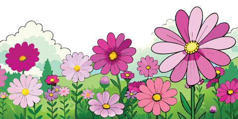 Wall Mural - beautiful cosmos flower field vector art illustration. AI GENERATED