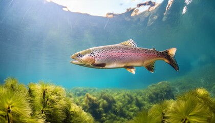 Wall Mural - Underwater view of a trout swimming among river plants