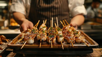 Wall Mural - A chef presenting a platter of grilled squid tapas with toothpicks for sharing.