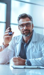 Poster - A man in lab coat holding a bottle of oil. AI.