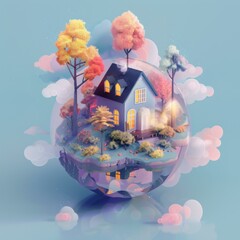 Poster - A house is surrounded by trees and clouds in a sphere. AI.