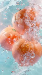 Poster - Three oranges floating in a pool of water with bubbles. AI.