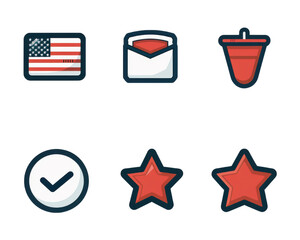 Graphic icons including an American flag, envelope, pushpin, checkmark, and stars. Ideal for web design and user interface elements.