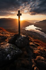 Wall Mural - The cross of Christ at the top of the mountain with beautiful sunset in the pano, generative IA