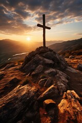 Wall Mural - The cross of Christ at the top of the mountain with beautiful sunset in the pano, generative IA