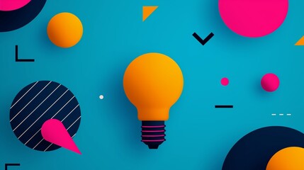 Vibrant abstract illustration with geometric shapes, featuring a yellow light bulb on a blue background, evoking creativity and innovation.