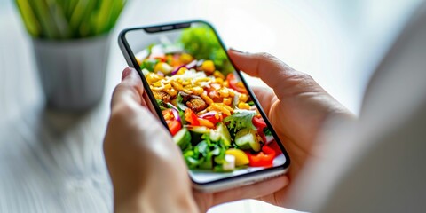 Person Using Smartphone to Browse Food Photos. Generative ai.