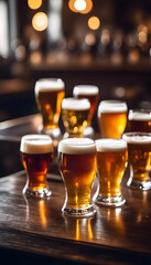 A variety of craft beers in different shades of amber and gold, served in glasses on a wooden table in a dimly lit bar. Oktoberfest theme.