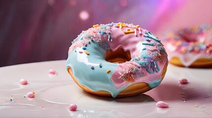 A single donut with pink and blue frosting and colorful sprinkles sits on a white plate with a pink and blue glaze dripping off