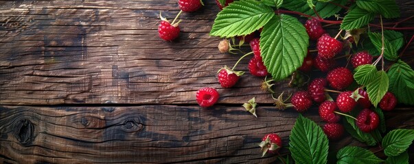 A bunch of red raspberries are on a wooden table. Free copy space for banner.