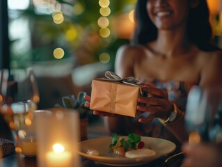 A woman sits at a table holding a wrapped present, ready for gifting or celebration