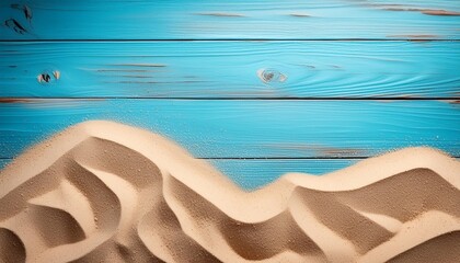 sea sand on top of blue wooden surface with empty space