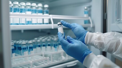 Aufkleber - A gloved hand carefully examines a vial from a row of vials in a refrigerated laboratory, showcasing the meticulous attention to detail required in scientific research