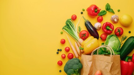 Poster - Fresh vegetables on yellow background. Includes peppers, carrots, zucchini, and greens in a brown paper bag. Perfect for a healthy diet or cooking concept. Bright and vibrant colors. AI