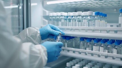 Poster - A gloved hand reaches into a laboratory refrigerator, carefully taking a vial from a shelf filled with rows of similar containers