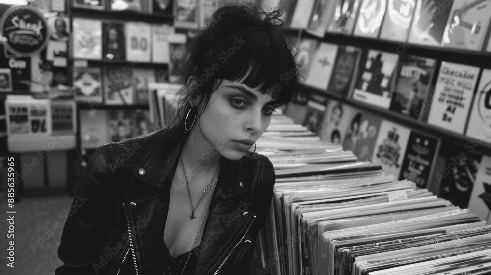 Punk, goth rock girl browsing through vinyl records in a punk music ...