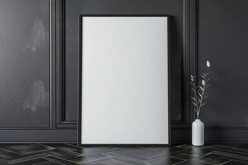 Wall Mural - Mock up of a Minimal blank black wall with empty white frame, vase, and decor in modern interior design