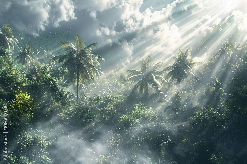 Sun Rays Tropical Tropical rainforest with sun rays shining through palm trees and fog ...