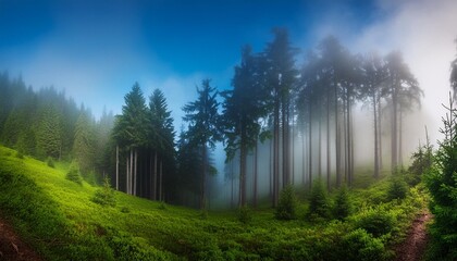 Wall Mural - fog in green forest forest panorama landscape