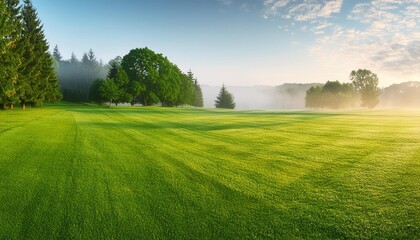 Wall Mural - beautiful summer natural landscape with lawn with cut fresh grass in early morning with light fog panoramic spring background