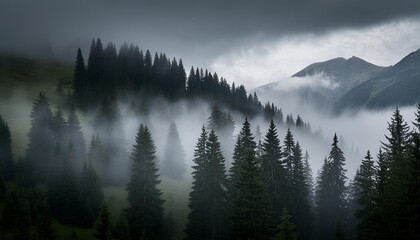 Wall Mural - dark foggy ominous spooky scary landscape with mountains and pine trees forest black background