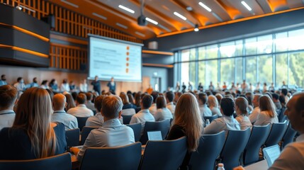 A large conference room filled with attendees listening to a presentation projected on a screen during a professional event.