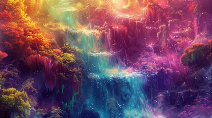 Wall Mural - A fantastical abstract painting featuring a cascade of vibrant colors, blending to form a mystical, dreamlike landscape.