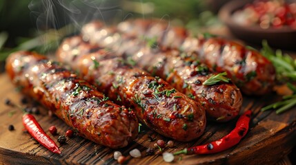 Wall Mural - Fried sausages with sauces and herbs on wooden serving Board. Great beer snack on a dark background