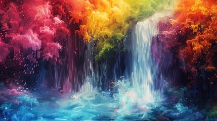 Wall Mural - A fantastical abstract painting featuring a cascade of vibrant colors, blending to form a mystical, dreamlike landscape.