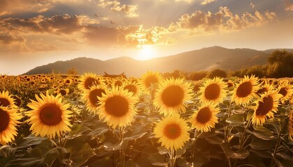 Wall Mural - field of bright yellow sunflowers facing the sun