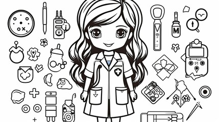 Sticker - A cute kawaii girl doctor surrounded by various medical tools 