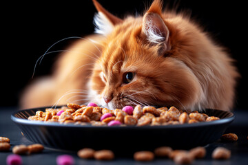 Adorable red Maine Coon cat with fluffy fur and whiskers eating food from a bowl