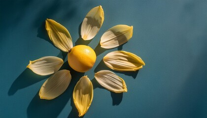 Wall Mural - sun made of lemon and yellow flower petals on bright blue background fruit summer minimal concept