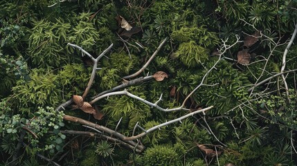 Poster - European forest floor texture featuring moss and branches