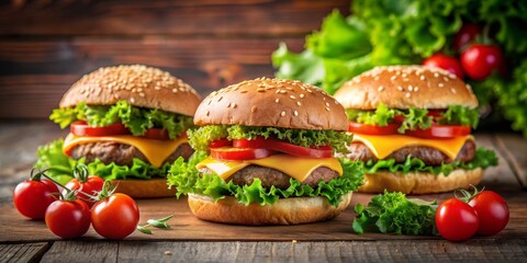 Three Juicy Cheeseburgers with Fresh Tomatoes and Lettuce on a Rustic Wooden Table,  burger ,  fast food ,  delicious ,  appetizing