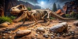 A dinosaur skeleton lying in the sand, with rocks and vegetation around it. It looks like a museum exhibit., Dinosaur Skeleton , Fossil , Prehistoric , Museum Exhibit