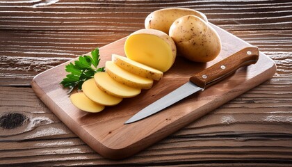 Wall Mural - fresh potato sliced bar with knife on cutting board on old wood